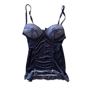 Lace Trim Ruched Camisole Top with Adjustable Straps Black Gray Lingerie Style